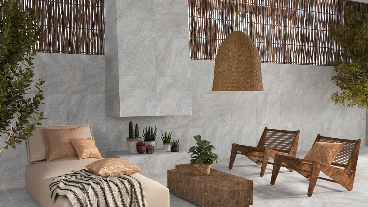 pizarra gris ambiente para terraza y jardín